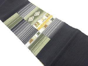 横縞に菱・幾何学模様織出しリバーシブル洒落袋帯